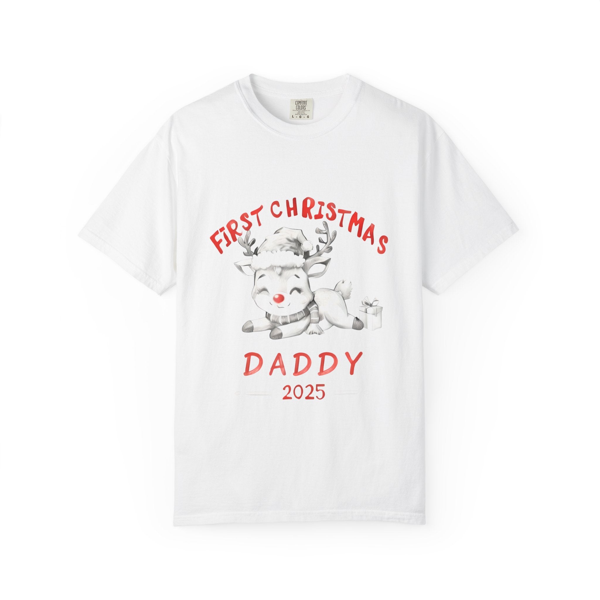 White T-shirt with reindeer graphic and text “First Christmas Daddy 2025”