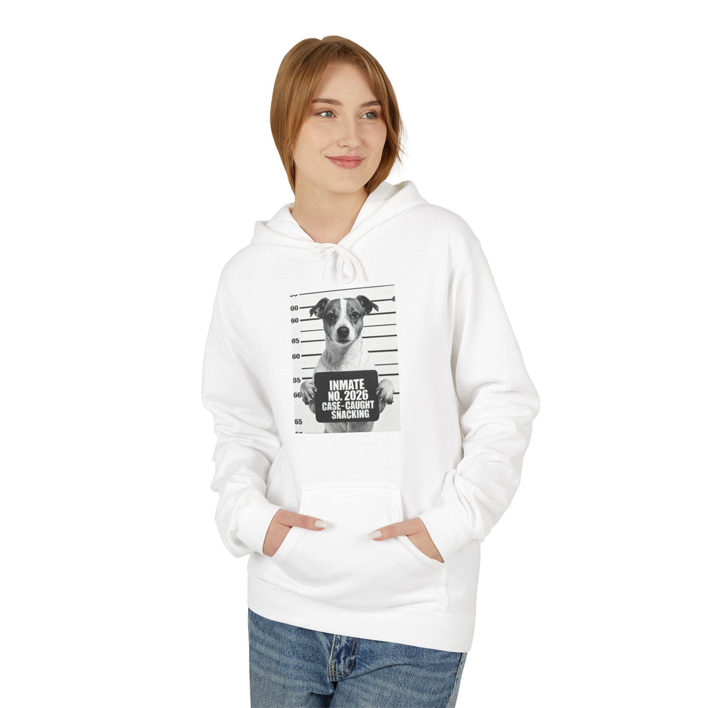 White pullover hoodie with centered dog graphic in a square, front kangaroo pocket