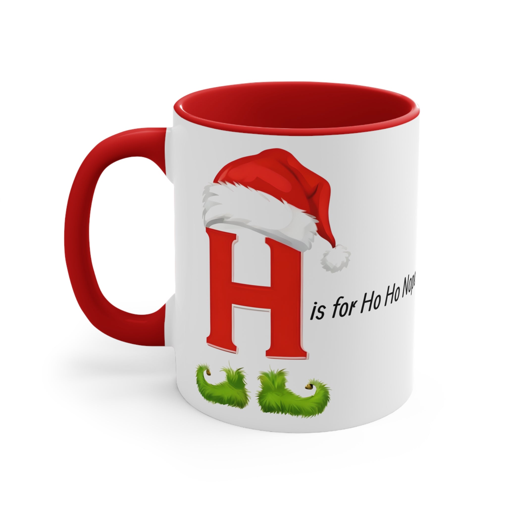 Christmas letter H mug, white with red H and Santa hat, green holly, red handle