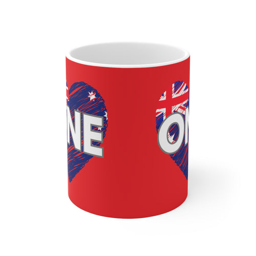 Red ceramic mug with white interior; blue heart graphic and Union Jack-style ONE lettering
