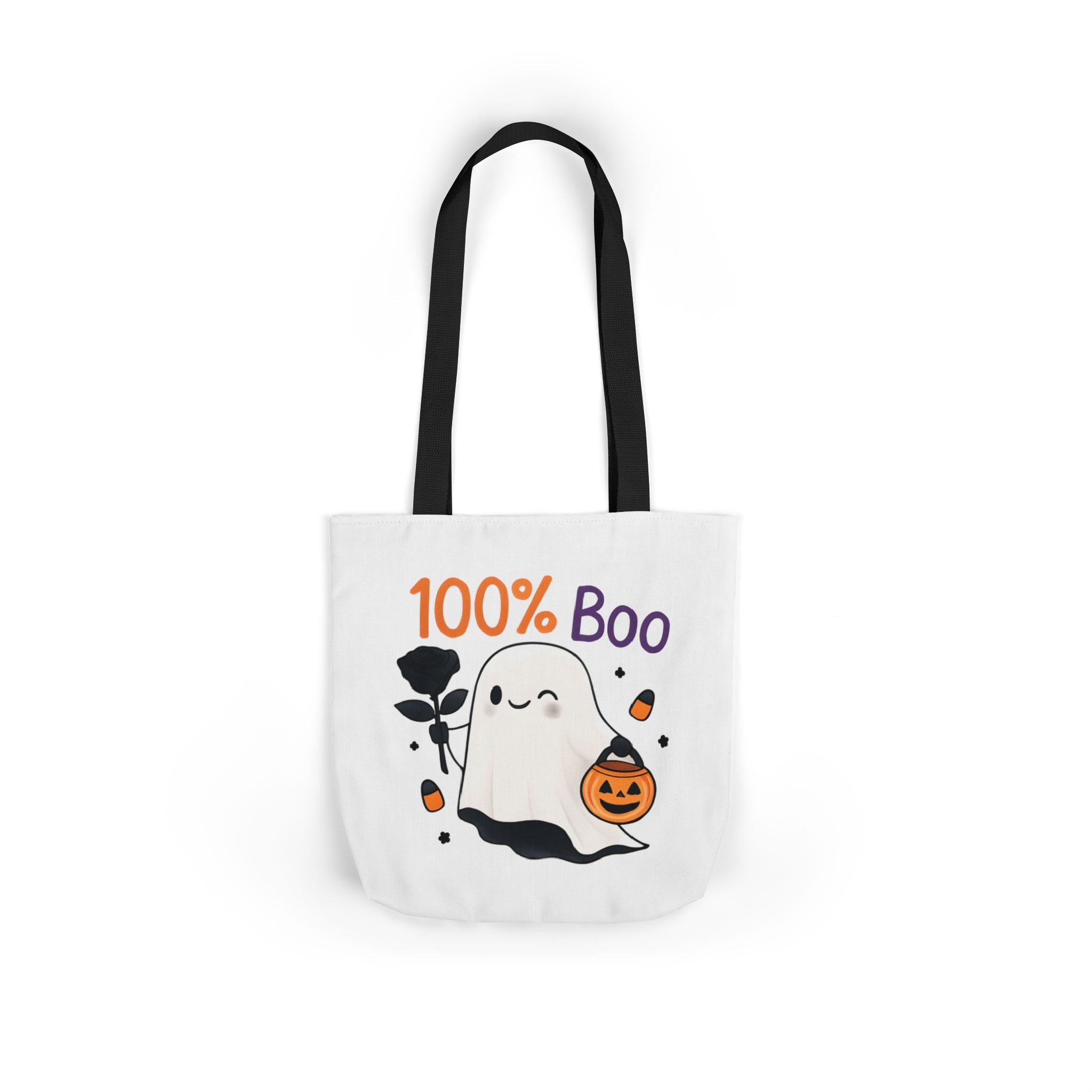 White canvas tote bag with black handles, centered ghost graphic and '100% Boo' text