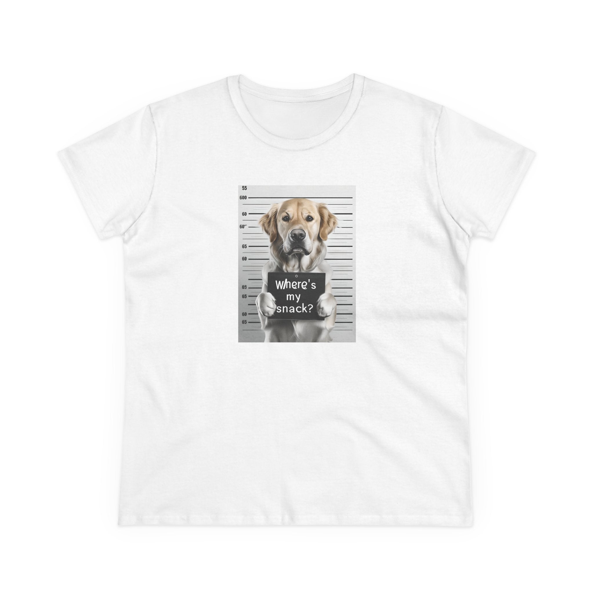 White dog graphic T-shirt with “where’s my snack?” text in centered print