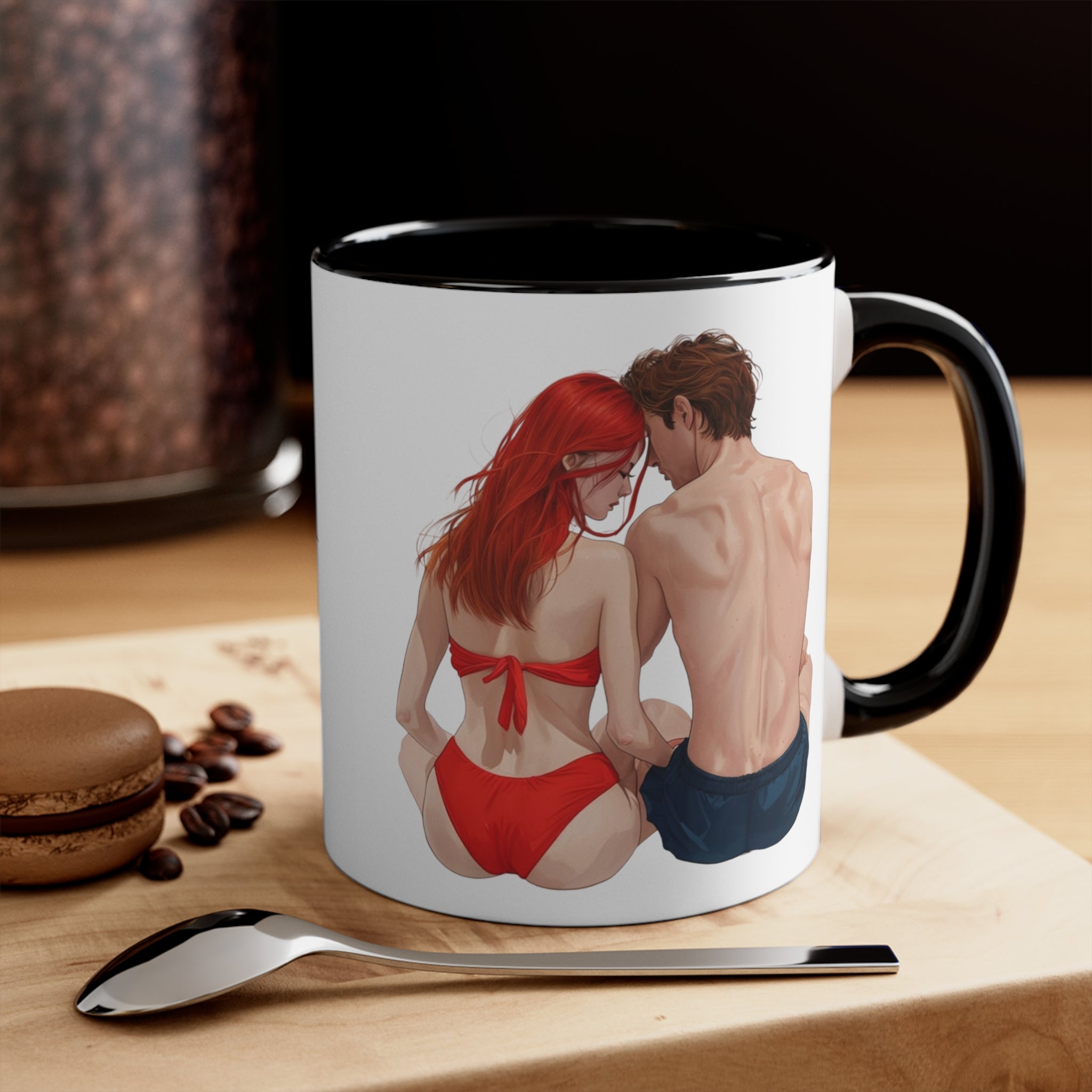 Black-rimmed white accent mug with red-and-blue couple logo on front