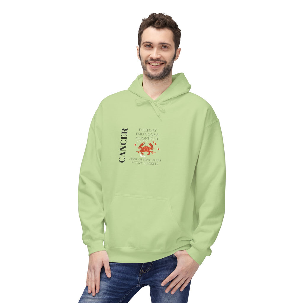 Lime green hoodie worn by man, with hood, kangaroo pocket, and Cancer constellation chest print