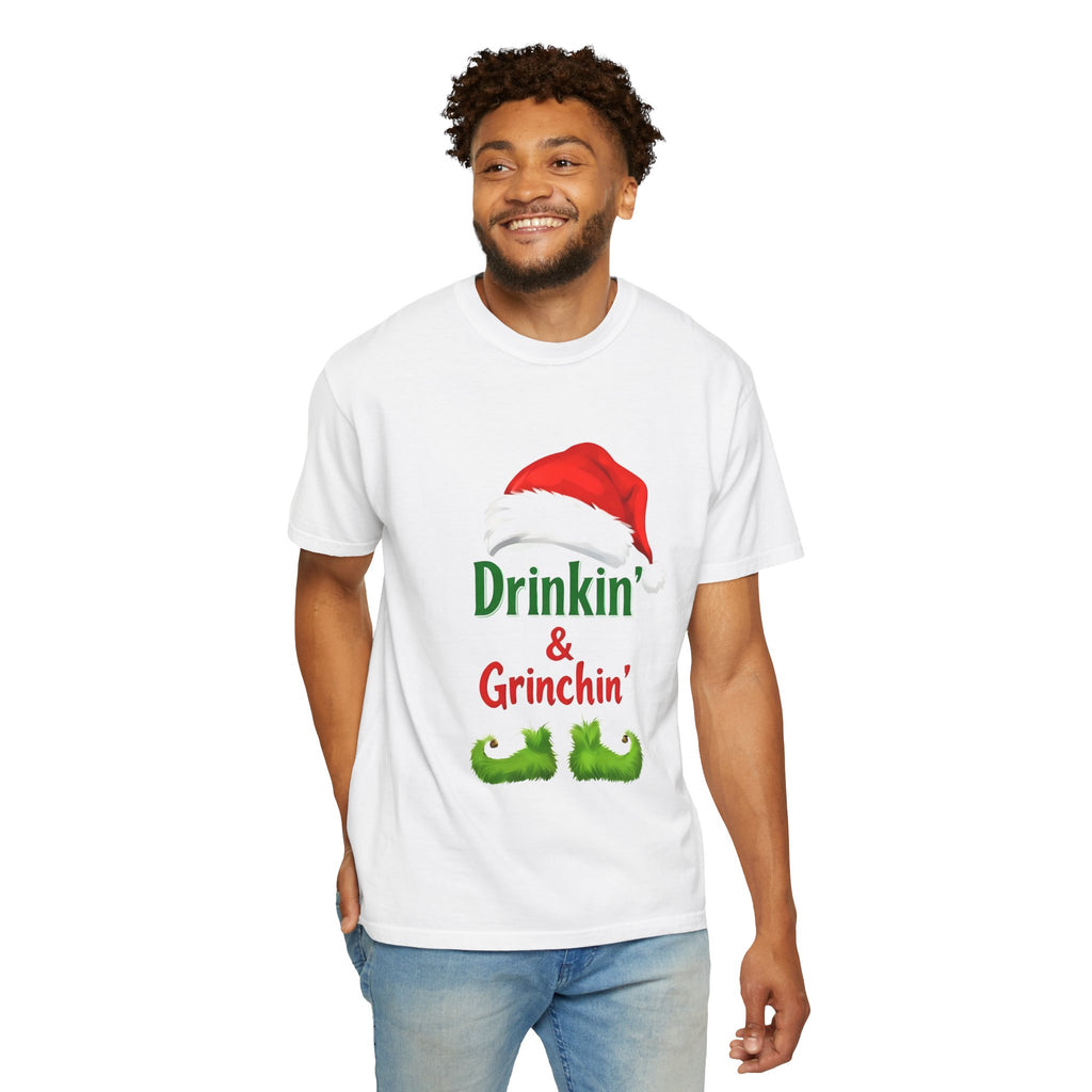 White T-shirt with red hat and “Drinkin’ & Grinchin’” green front print