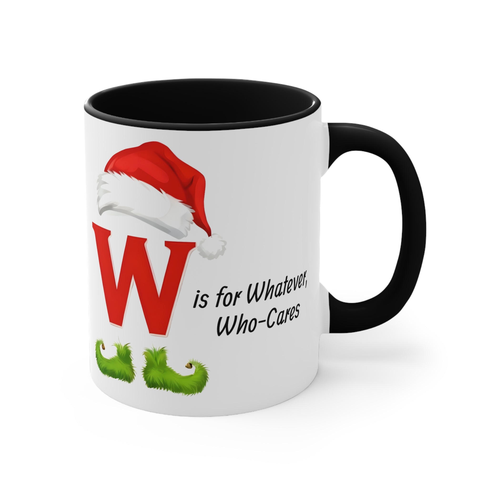 White mug with partial letter W graphic, red Santa hat and green beard, black handle