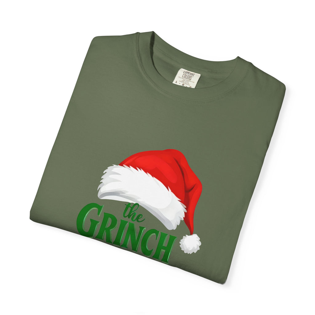 Sage green T-shirt featuring a Grinch Santa hat graphic on the chest