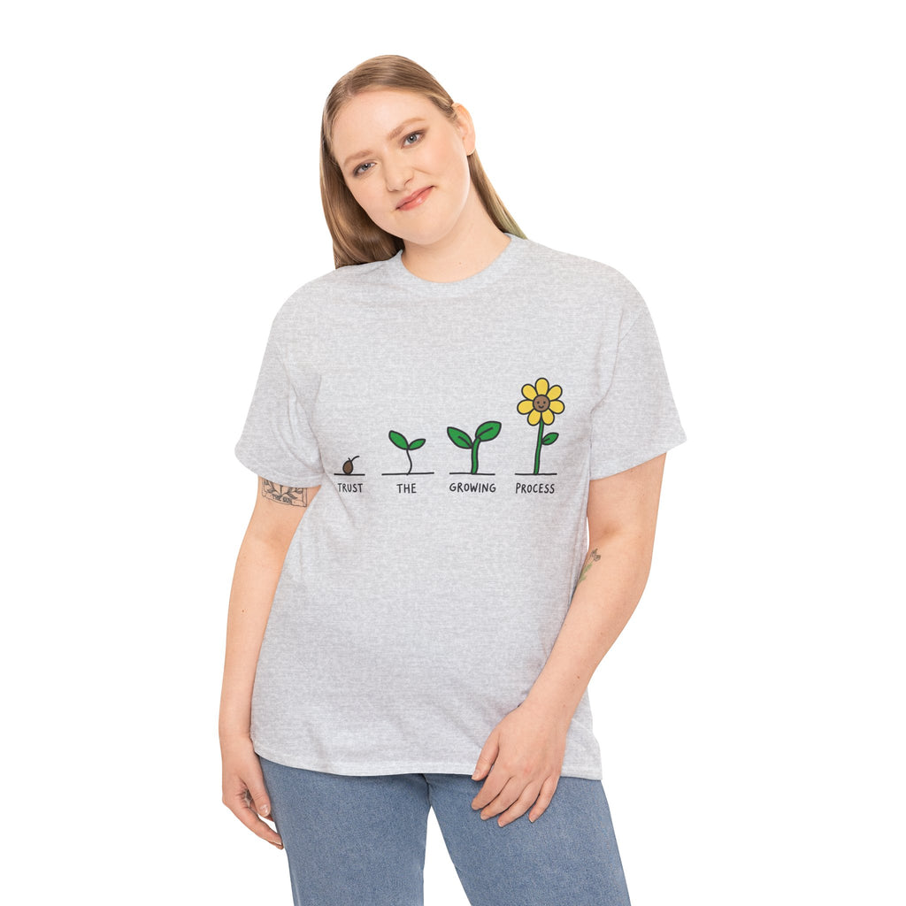 Light gray crewneck t-shirt on model with “Trust the Growing Process” plant graphic