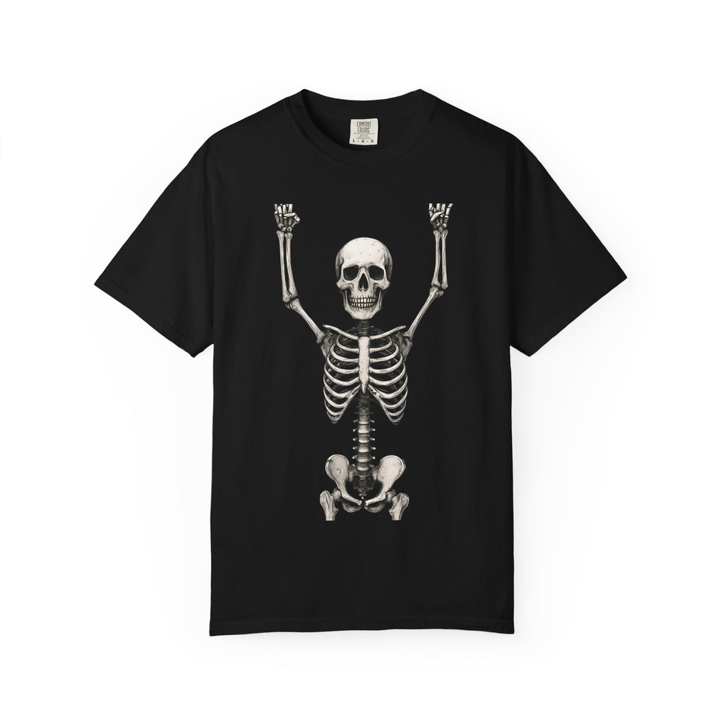 Black unisex T-shirt with raised-arms skeleton skull graphic on the front
