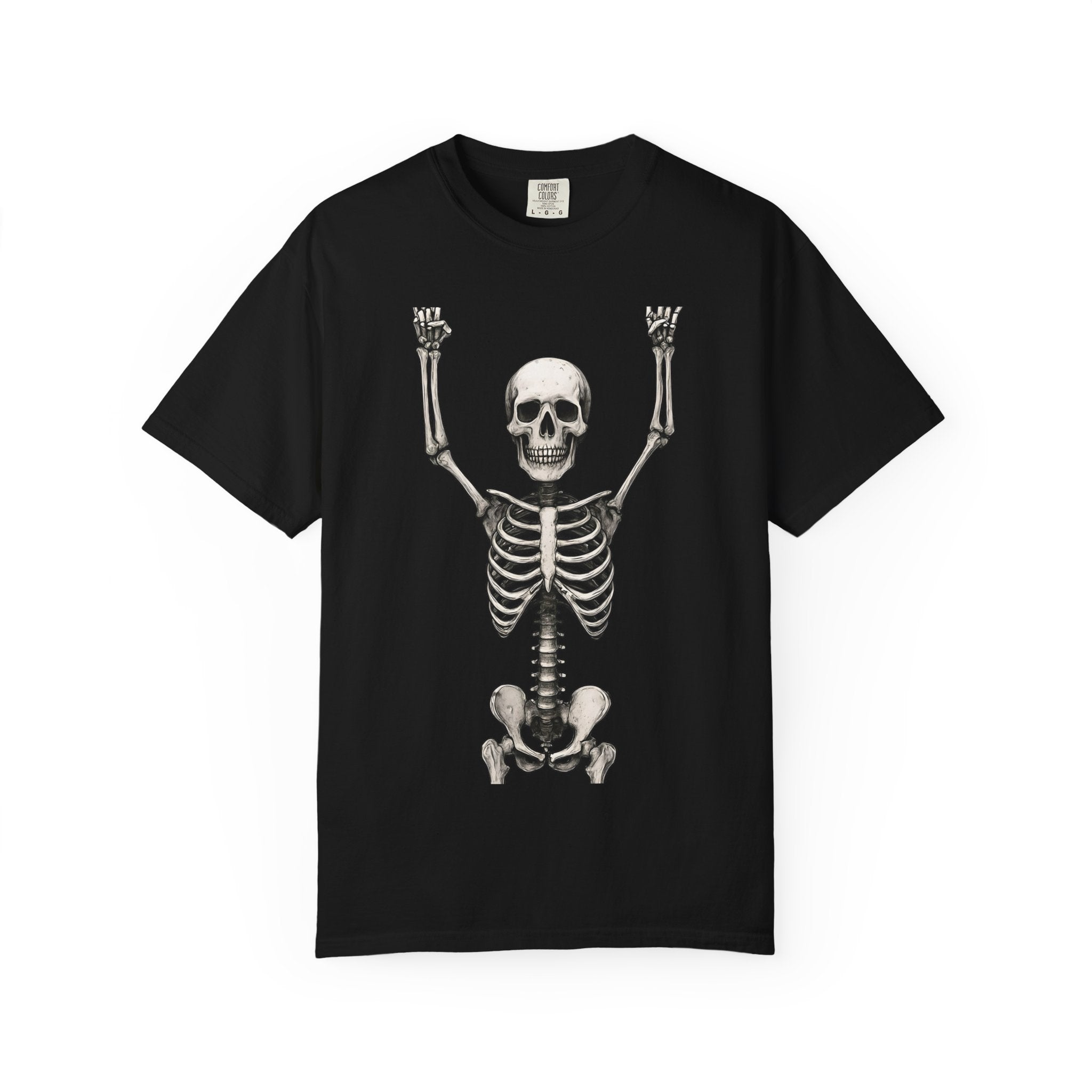 Black unisex T-shirt with raised-arms skeleton skull graphic on the front