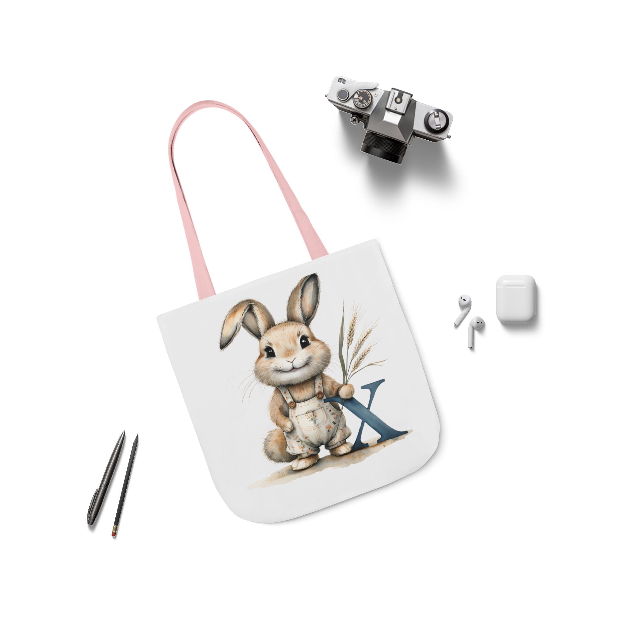 Cute Letter X Bunny Canvas Tote Bag with 5-Colour Straps, Ideal for Spring, Easter Gifts, Eco-Friendly Shopping, Animal Lovers, Cute Designs