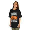 Kids black Halloween tee with cute pumpkin faces graphic and 'In the Patch' text
