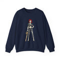 Navy sweatshirt with comic-style AC/DC rock girl graphic at center