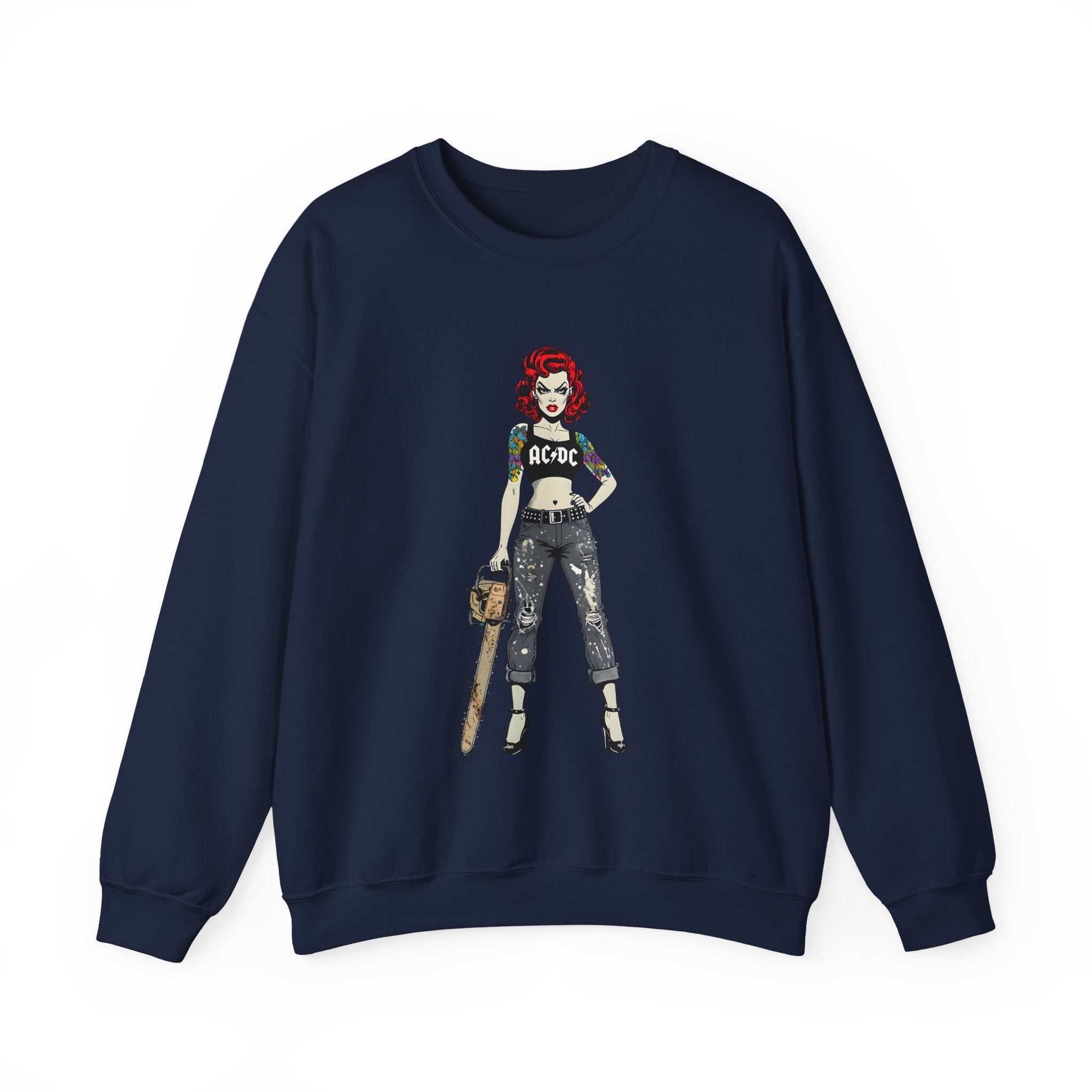 Navy sweatshirt with comic-style AC/DC rock girl graphic at center