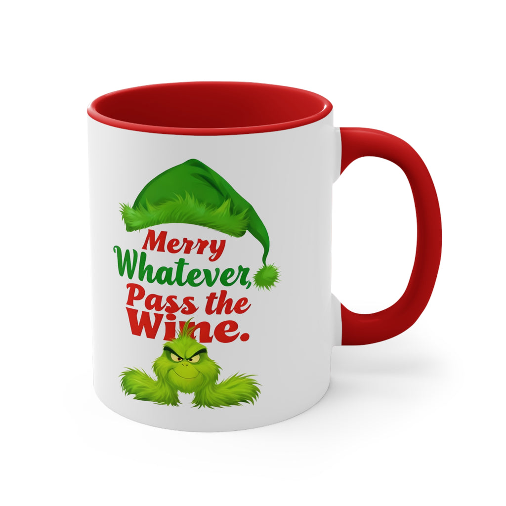 White Christmas mug with red handle and red interior, green elf graphic with “Merry Whatever Pass the Wine.”