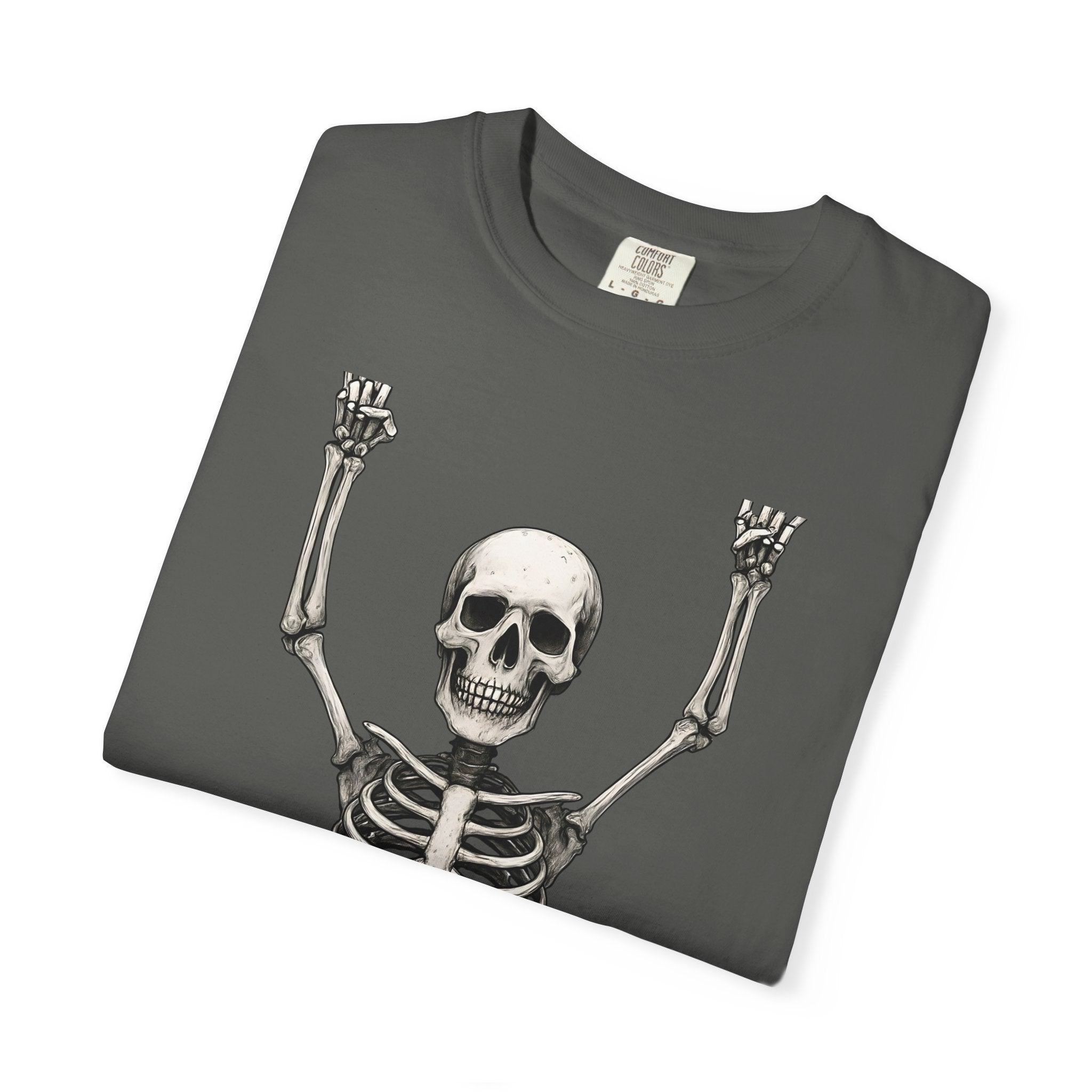 Dark gray unisex T-shirt folded view with raised-arms skeleton skull graphic on the front