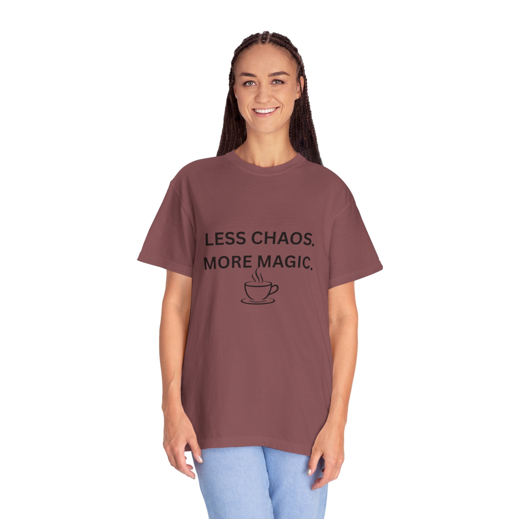 Less Chaos, More Magic T-Shirt — Cozy Coffee Cup Graphic Tee