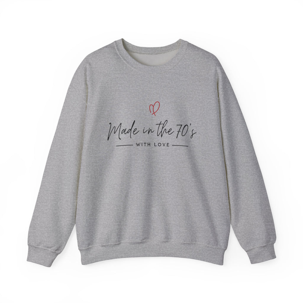 Unisex crewneck sweatshirt, sport grey, with “Made in the 70’s” heart graphic