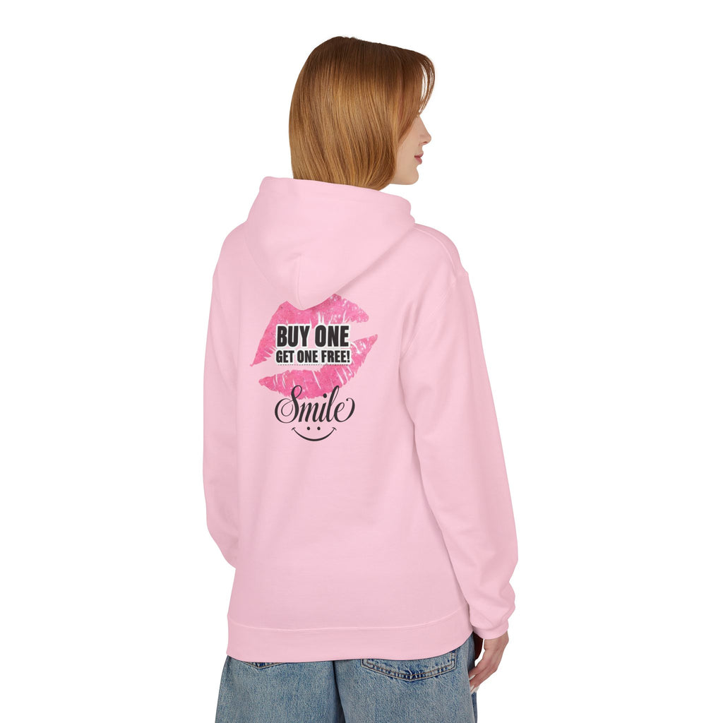 Light pink zip-up hoodie with pink back graphic and cursive “Smile”