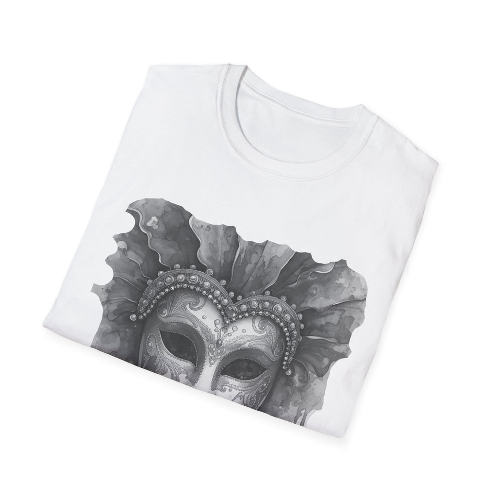 White face T-shirt with close-up masquerade mask graphic
