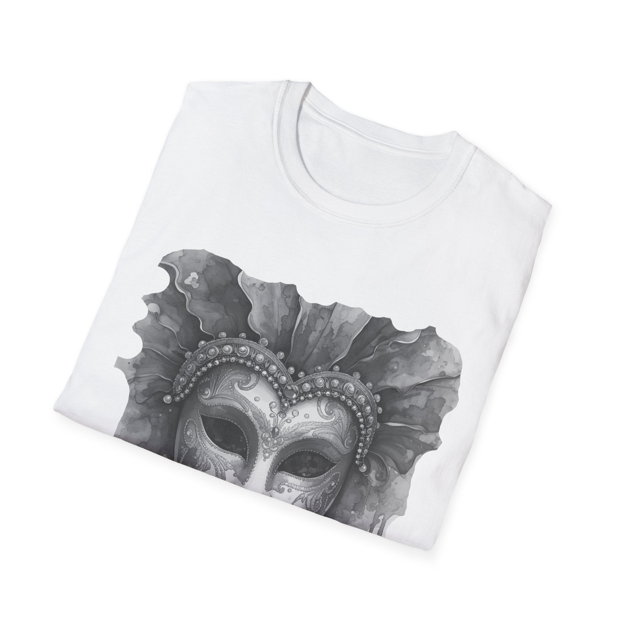 White face T-shirt with close-up masquerade mask graphic