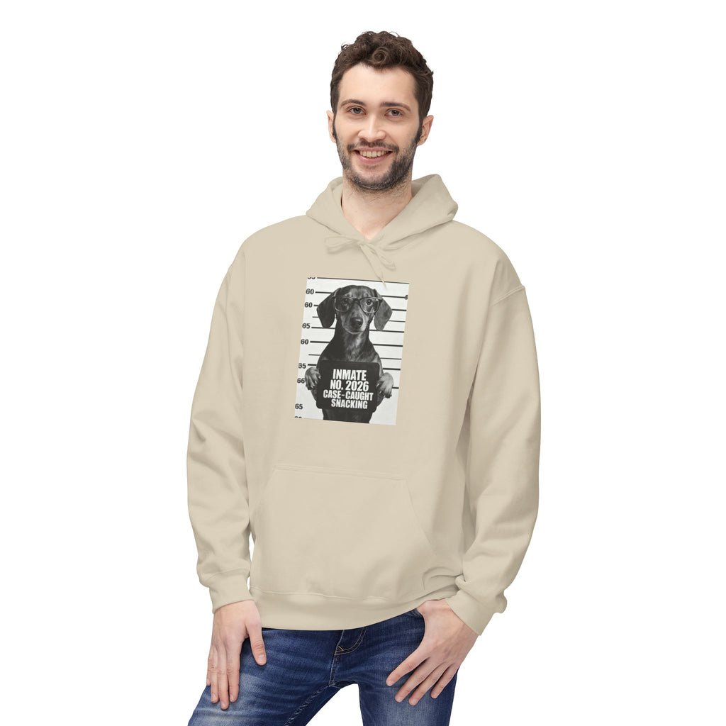 Sand hoodie with front dog graphic and “INMATE 2026 CASE-DAUGHT SNACKING” text.