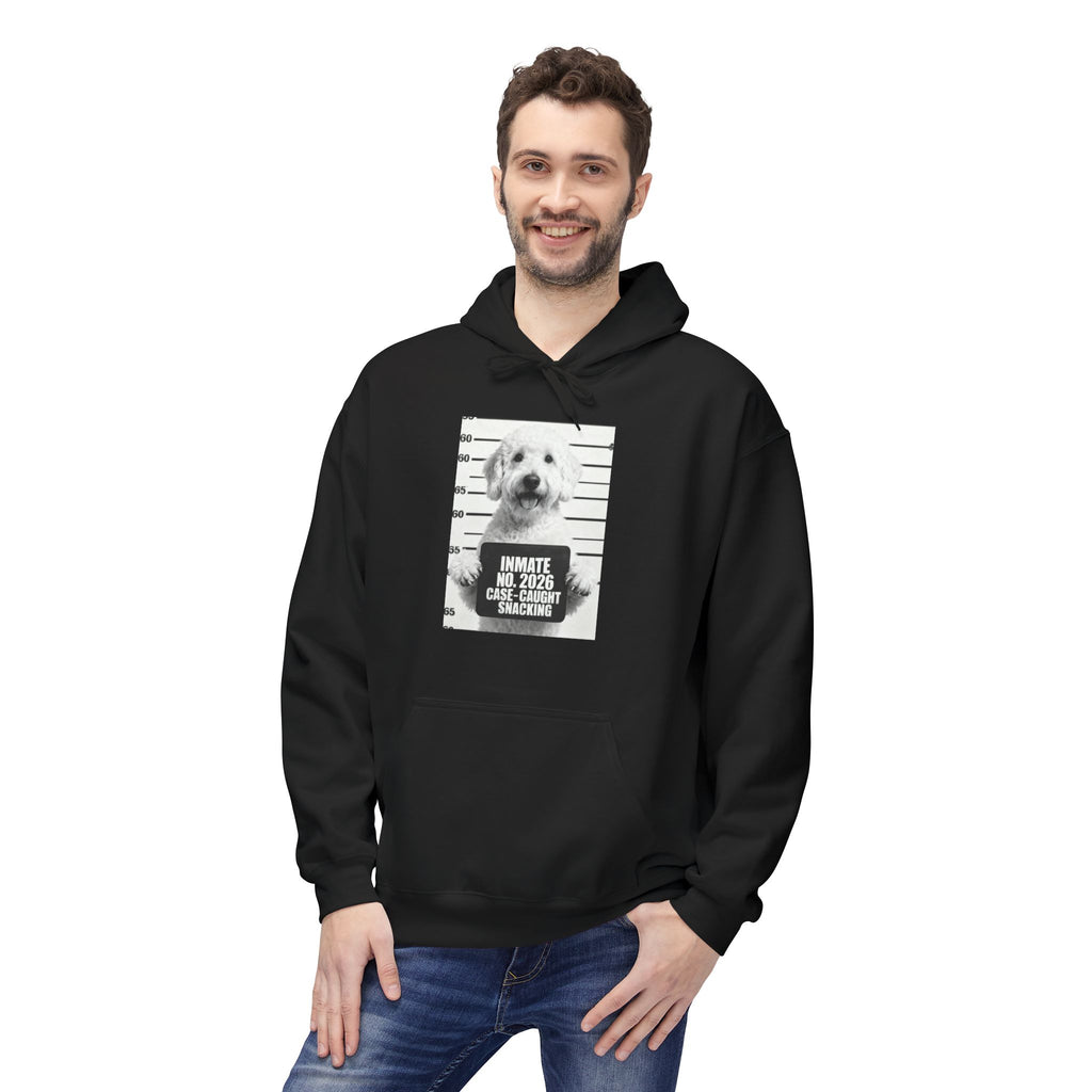 Black hoodie with front dog mugshot graphic, kangaroo pocket, and drawstring hood