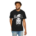 Black crewneck T-shirt with white witch hat portrait graphic and crescent moon