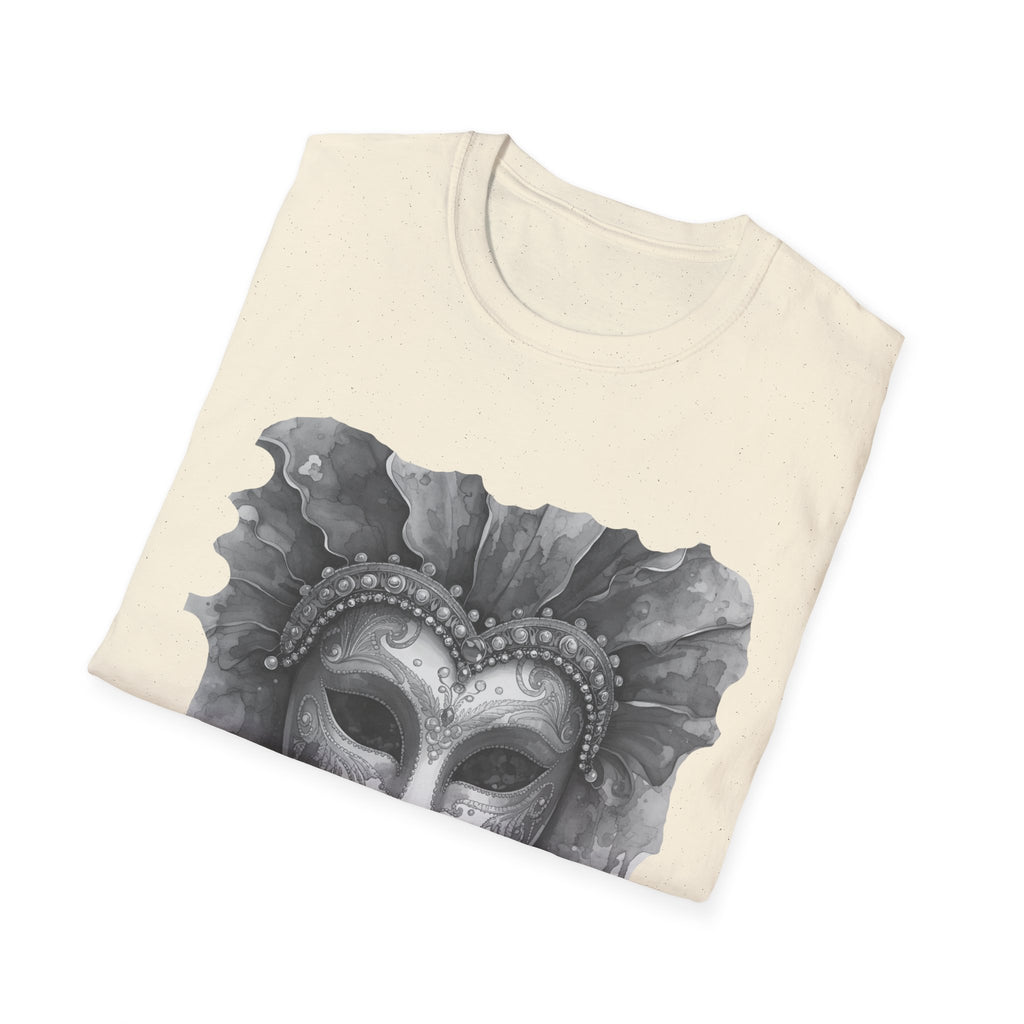 Off-white T-shirt with front watercolour-style masquerade mask graphic