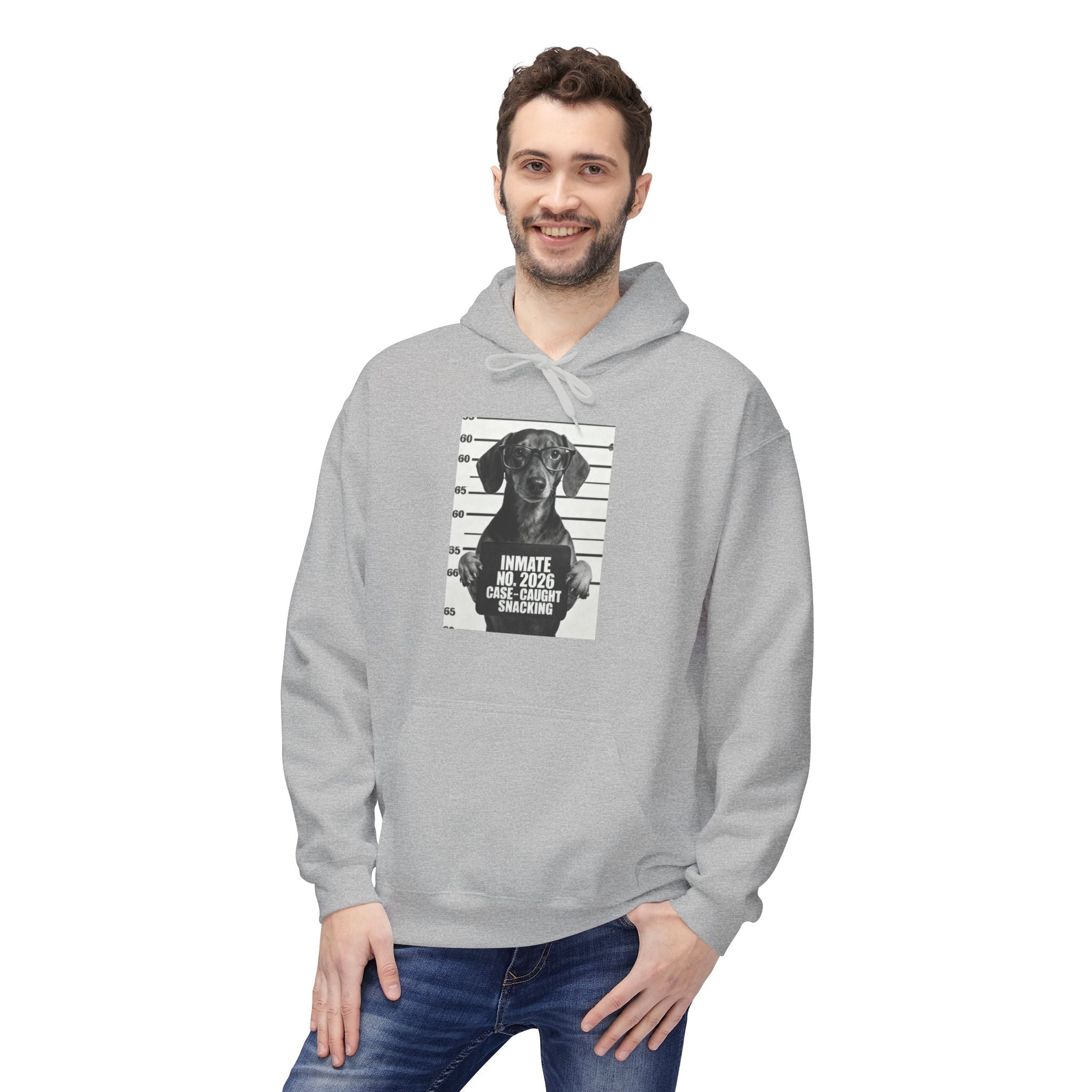 Sport grey hoodie with front dog graphic and “INMATE 2026 CASE-DAUGHT SNACKING” text.