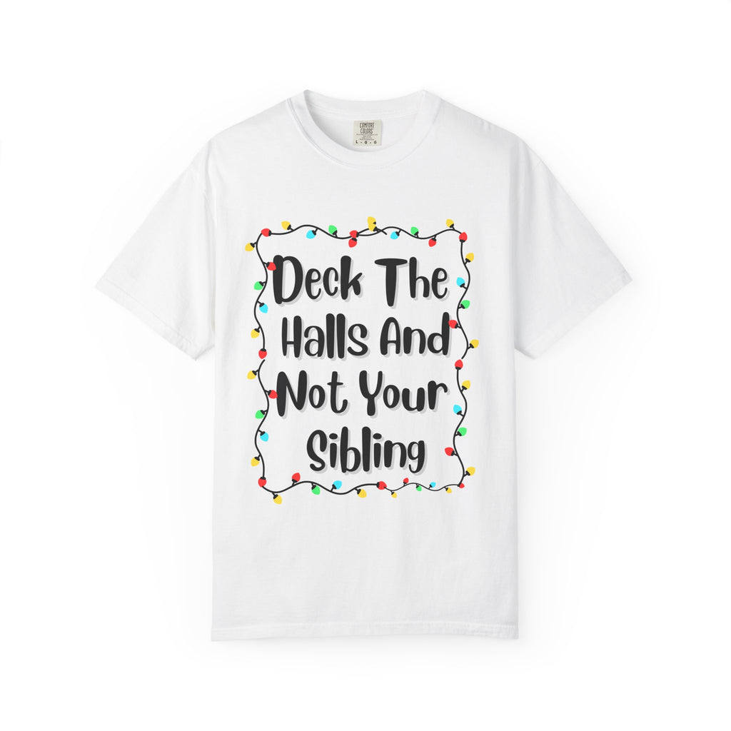 White crewneck Christmas T-shirt with holiday lights and sibling joke slogan