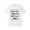 White crewneck Christmas T-shirt with holiday lights and sibling joke slogan