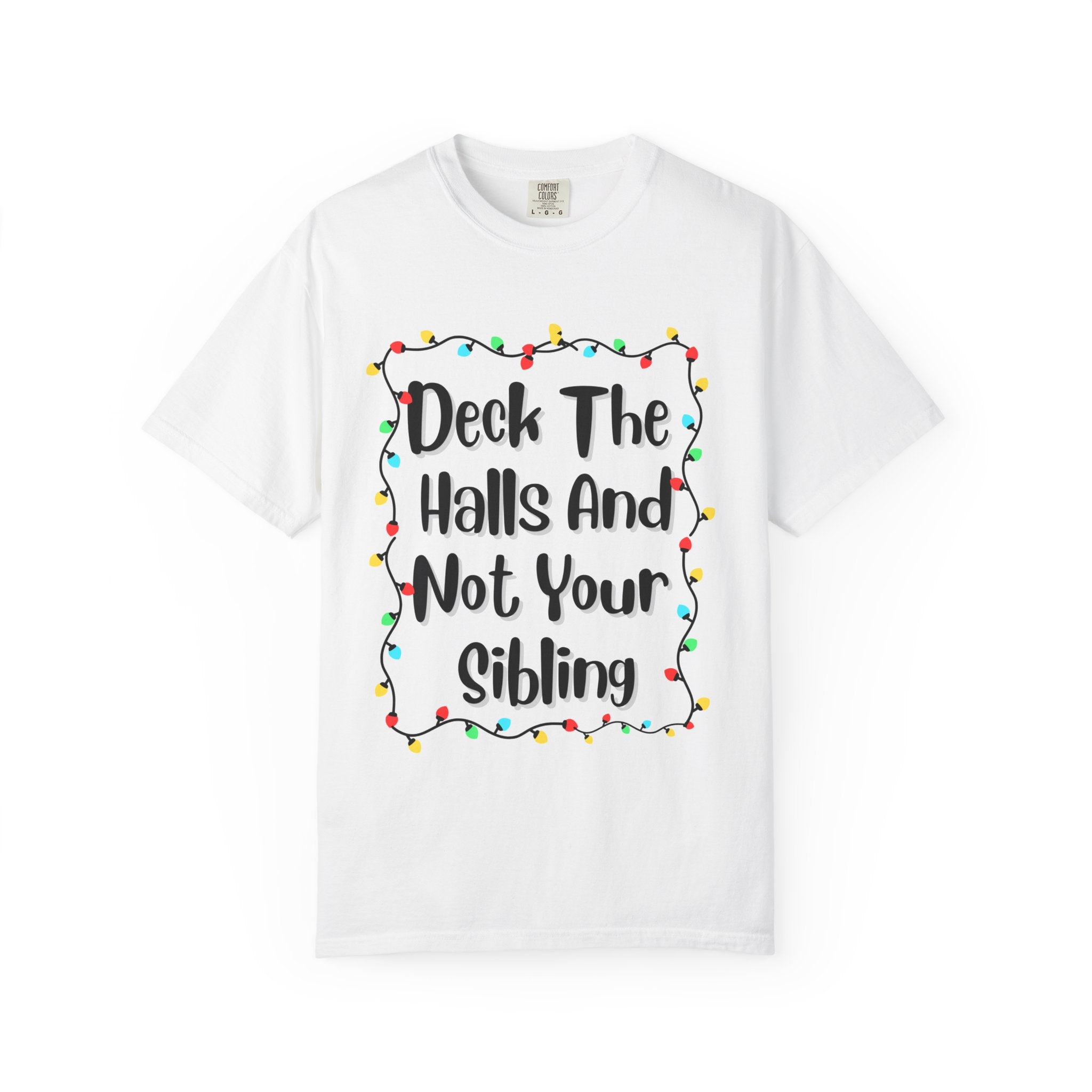 White crewneck Christmas T-shirt with holiday lights and sibling joke slogan