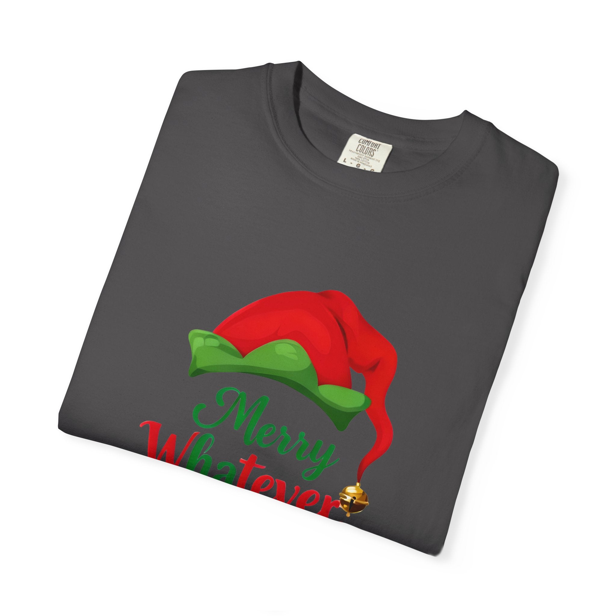 Dark gray crew-neck T-shirt with angled elf “Merry Whatever, Pass the Wine” print