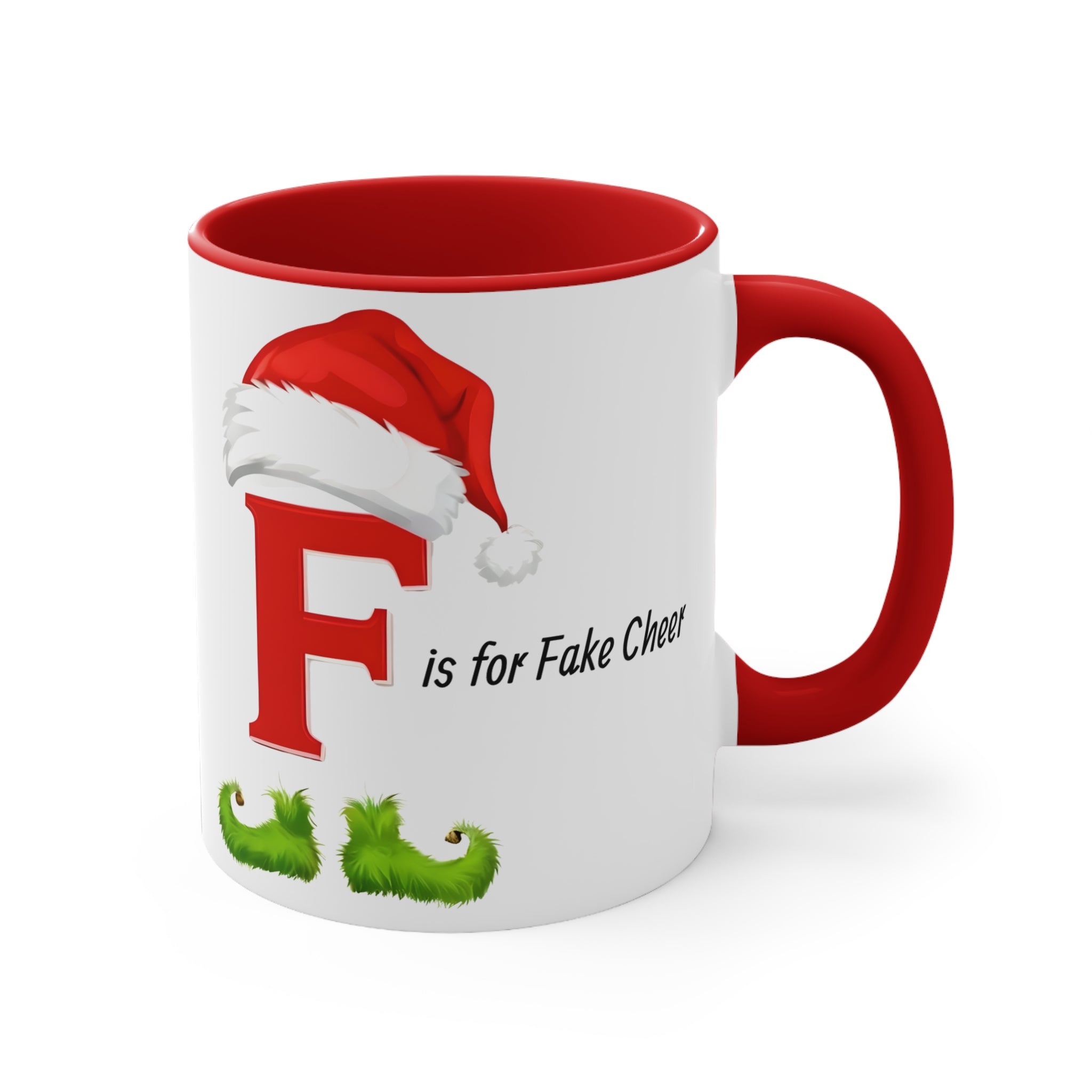 Red ceramic holiday mug with letter F, Santa hat, and green faux-beard graphic