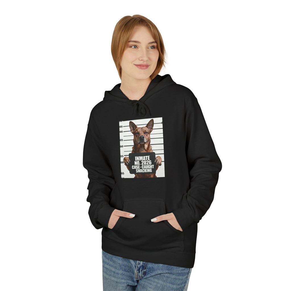 Black hoodie with front kangaroo pocket and dog photo graphic under the hood