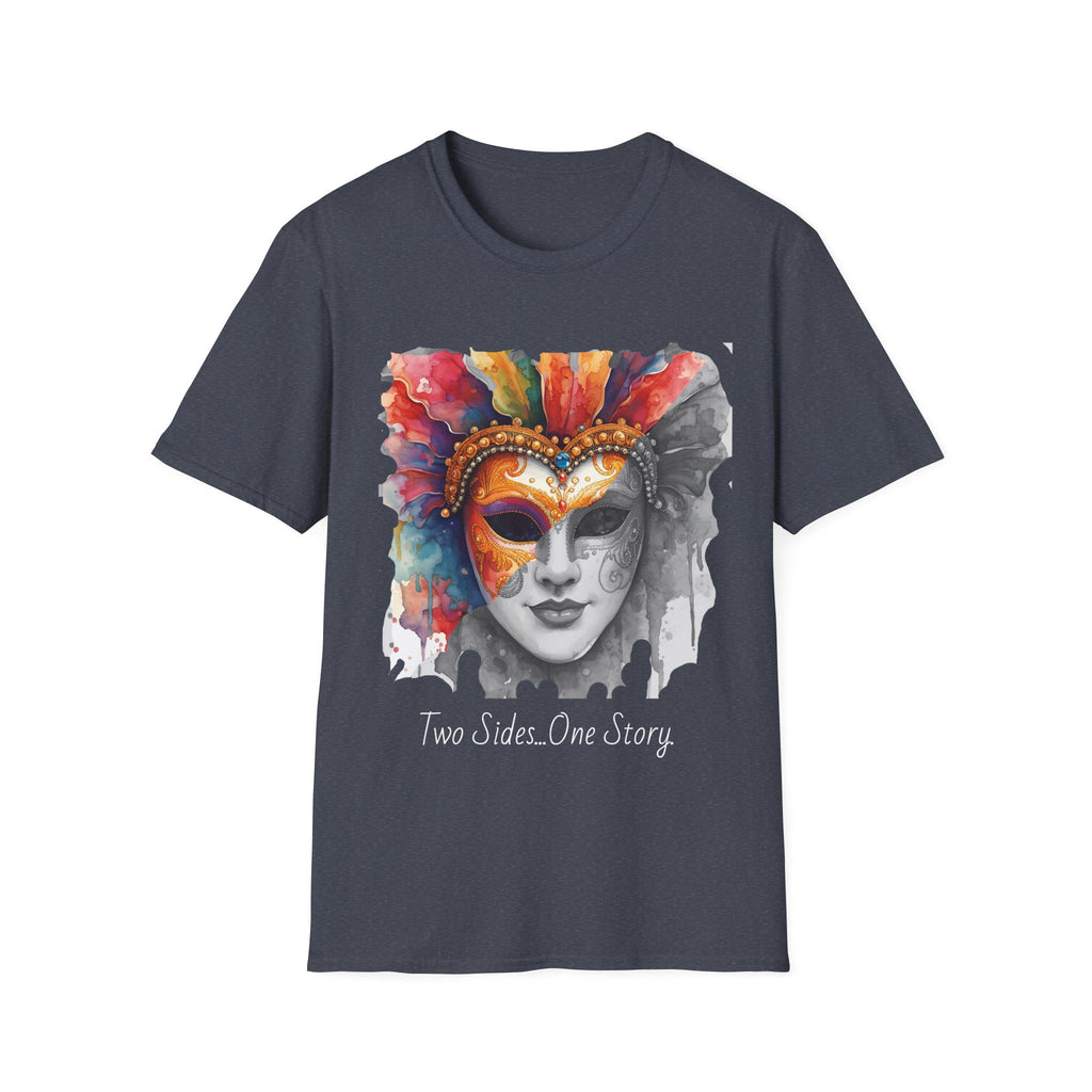 Charcoal face T-shirt with watercolor mask graphic and “Two Sides…One Story” text