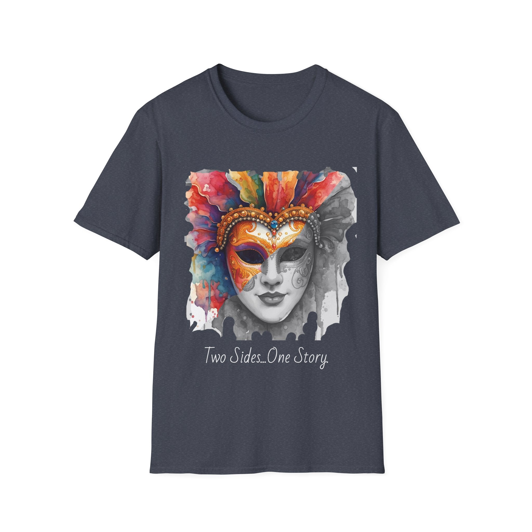 Charcoal face T-shirt with watercolor mask graphic and “Two Sides…One Story” text