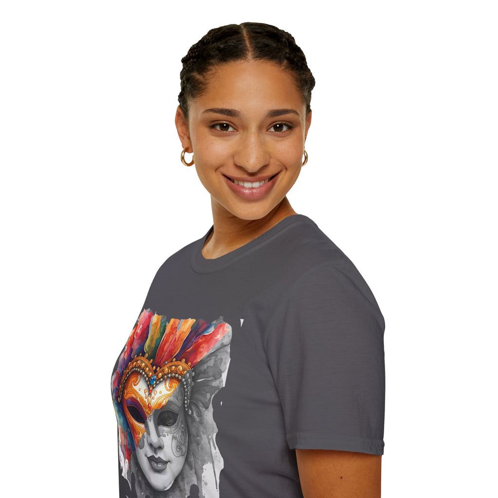 Charcoal face mask graphic T-shirt on model, watercolor masquerade mask print