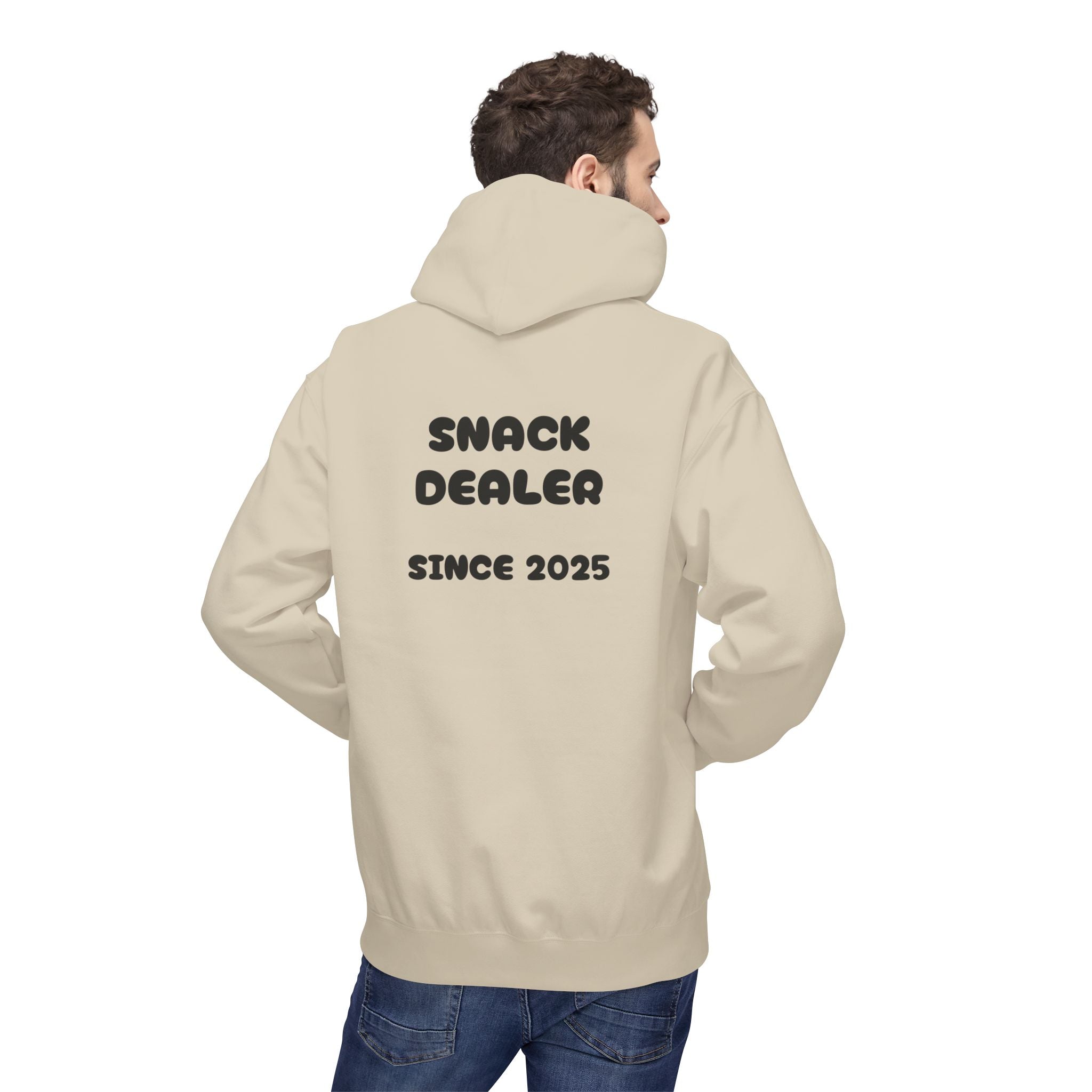 Sand hoodie with “SNACK DEALER SINCE 2025” back print, pullover hood