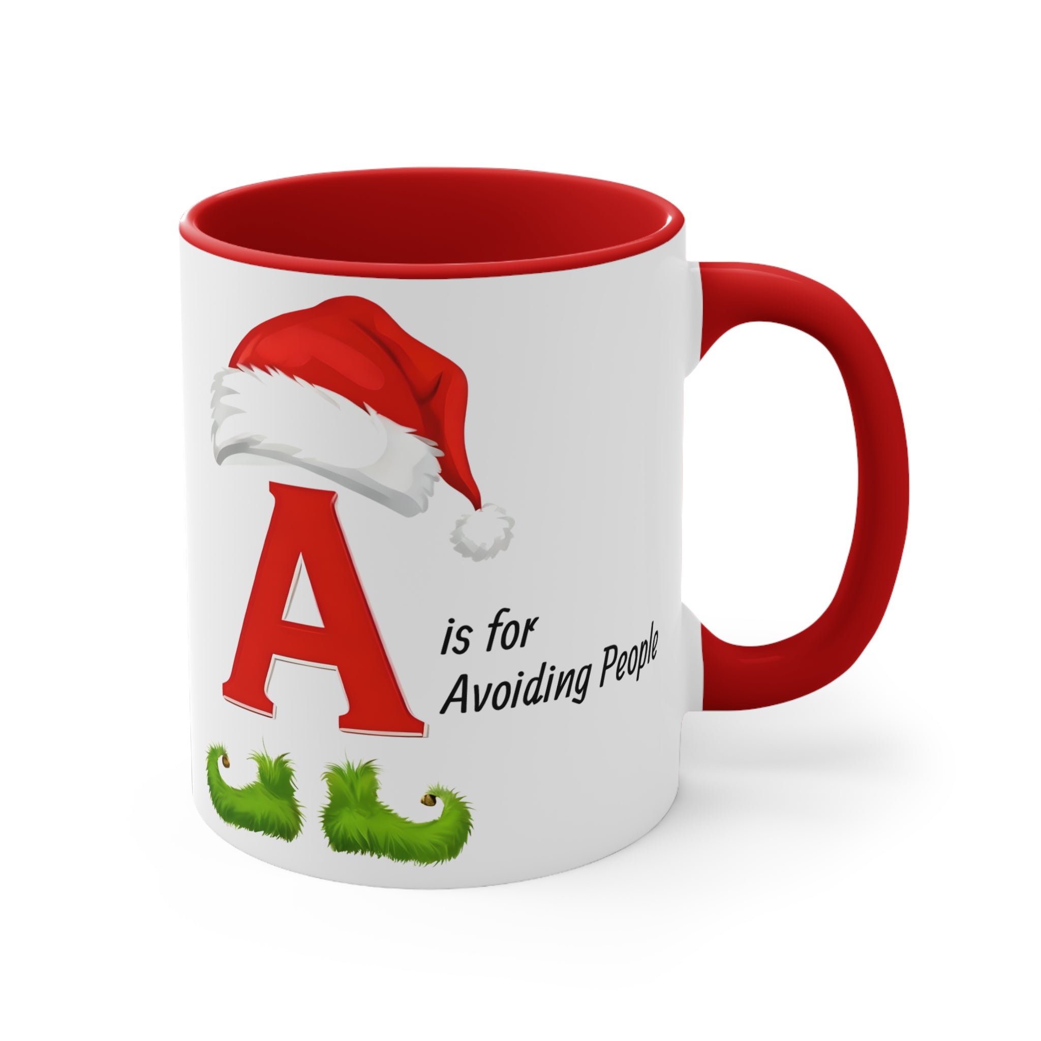 Red interior and handle mug with letter A, Santa hat, and "is for Avoiding People".