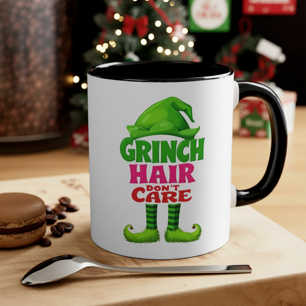 Christmas accent mug, white with black rim and handle; Grinch 'Hair Don't Care' graphic