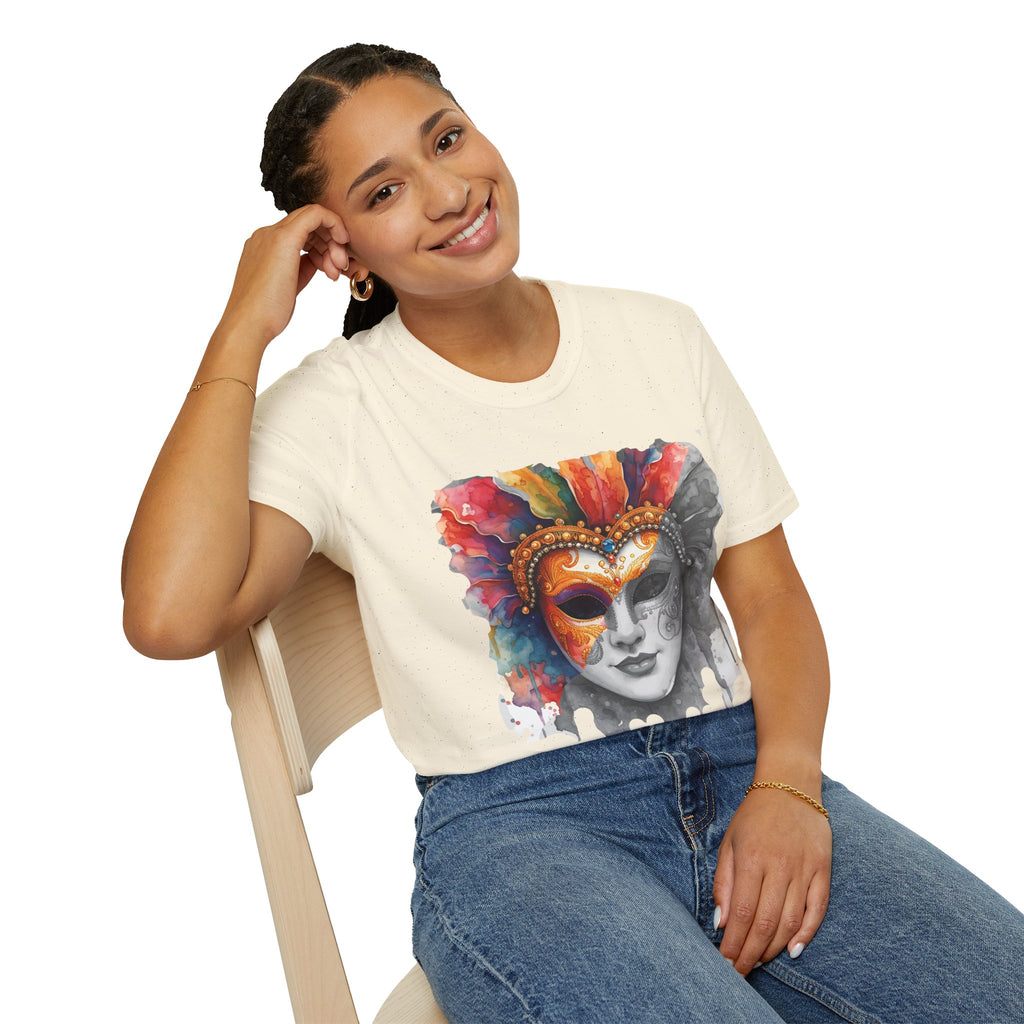 Masquerade Face T-shirt in cream with colorful watercolor masquerade mask graphic