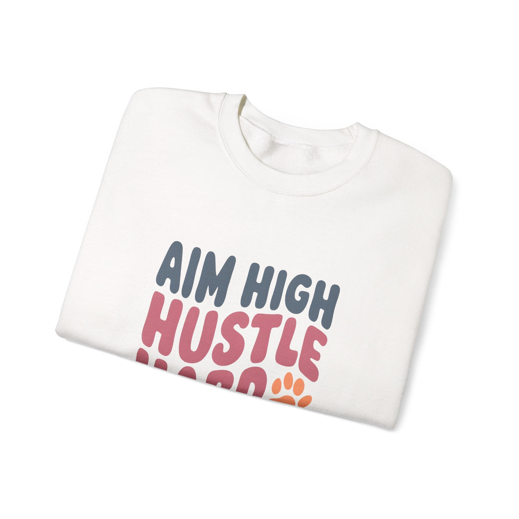 Unisex crewneck sweatshirt, white, cropped view with multicolor “AIM HIGH” stacked graphic