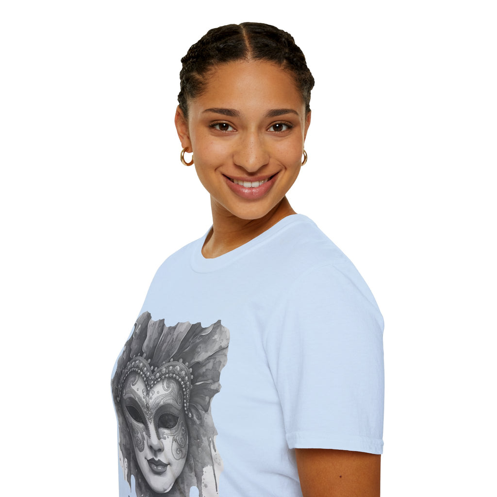 Light blue face mask graphic t-shirt on model, grey watercolor-style masquerade design front