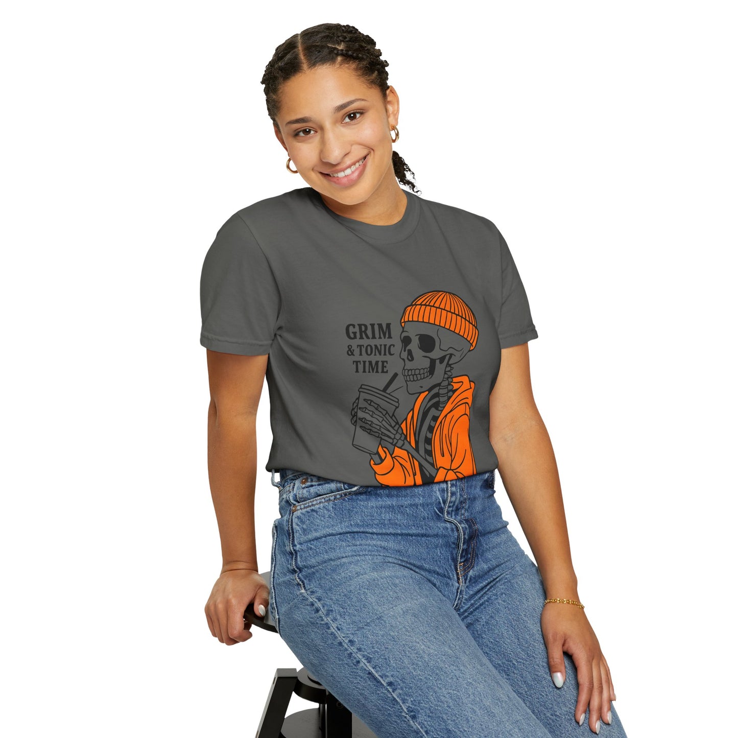 Grim & Tonic Time Graphic Tee, Casual Unisex T-Shirt, Perfect for Halloween, Gift for Spirits Lovers, Skulls and Sips Design