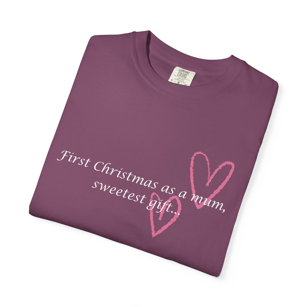 Purple crewneck T-shirt with 'First Christmas as a mum' text and pink heart graphic