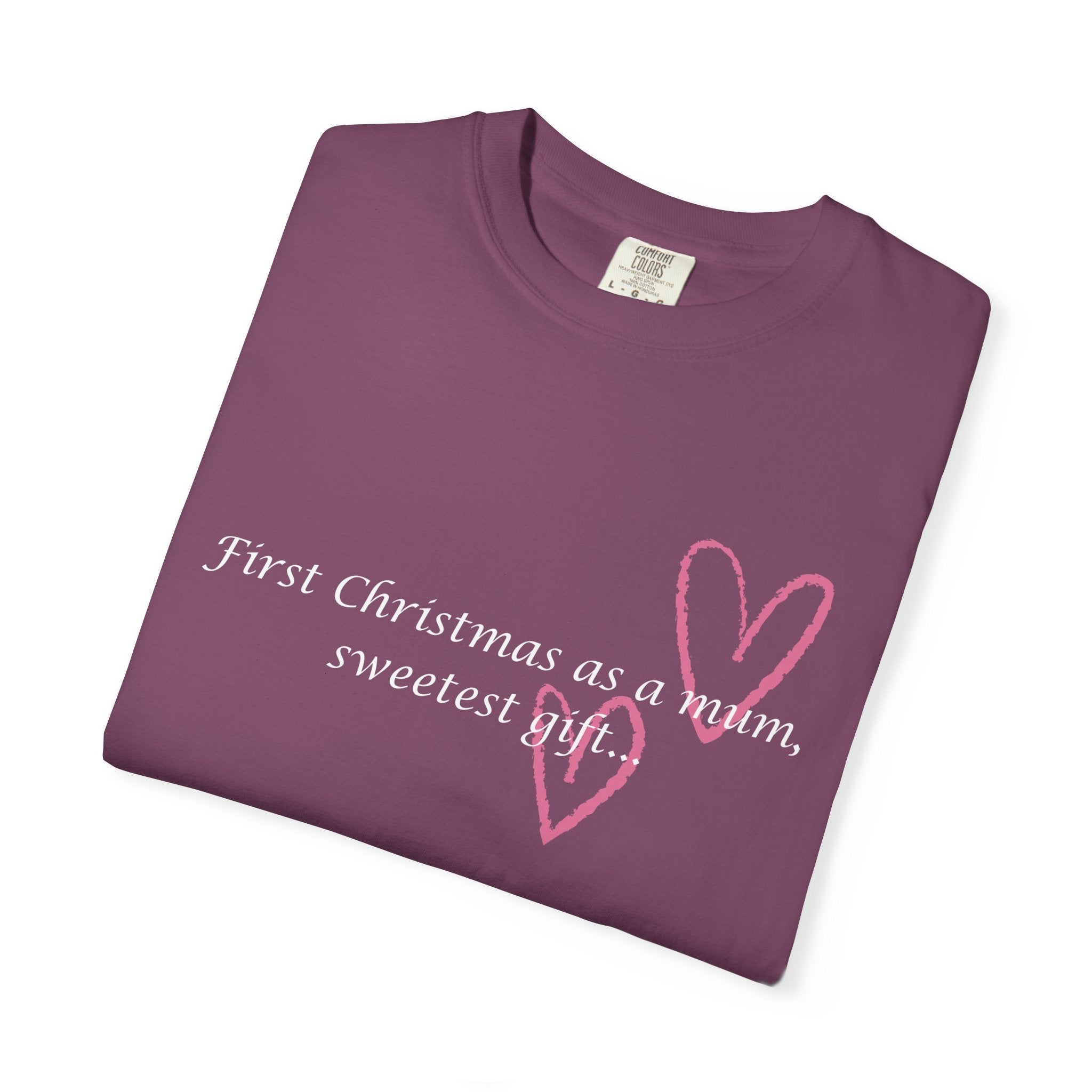 Purple crewneck T-shirt with 'First Christmas as a mum' text and pink heart graphic