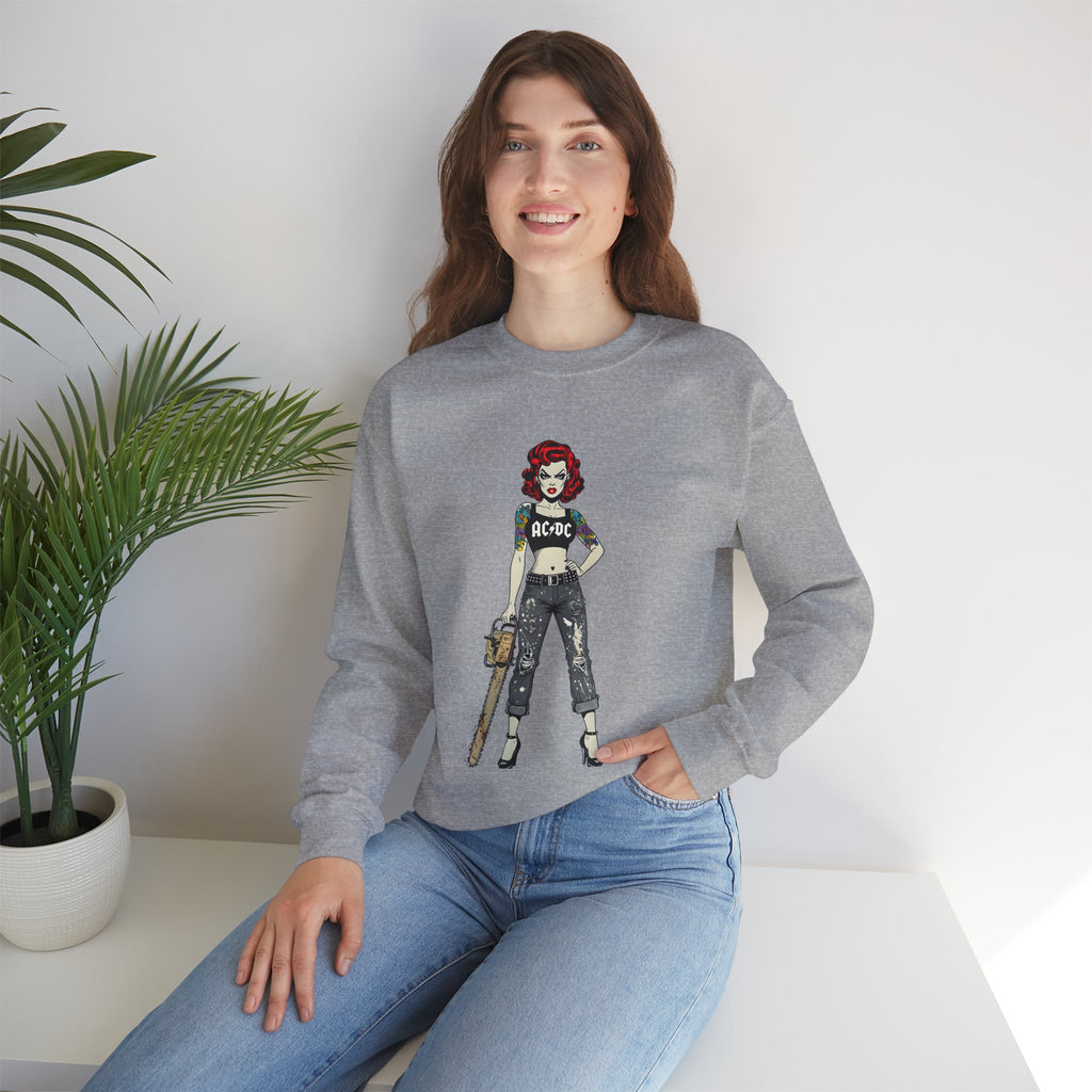 Heather grey sweatshirt on model, long sleeves and AC/DC girl graphic front