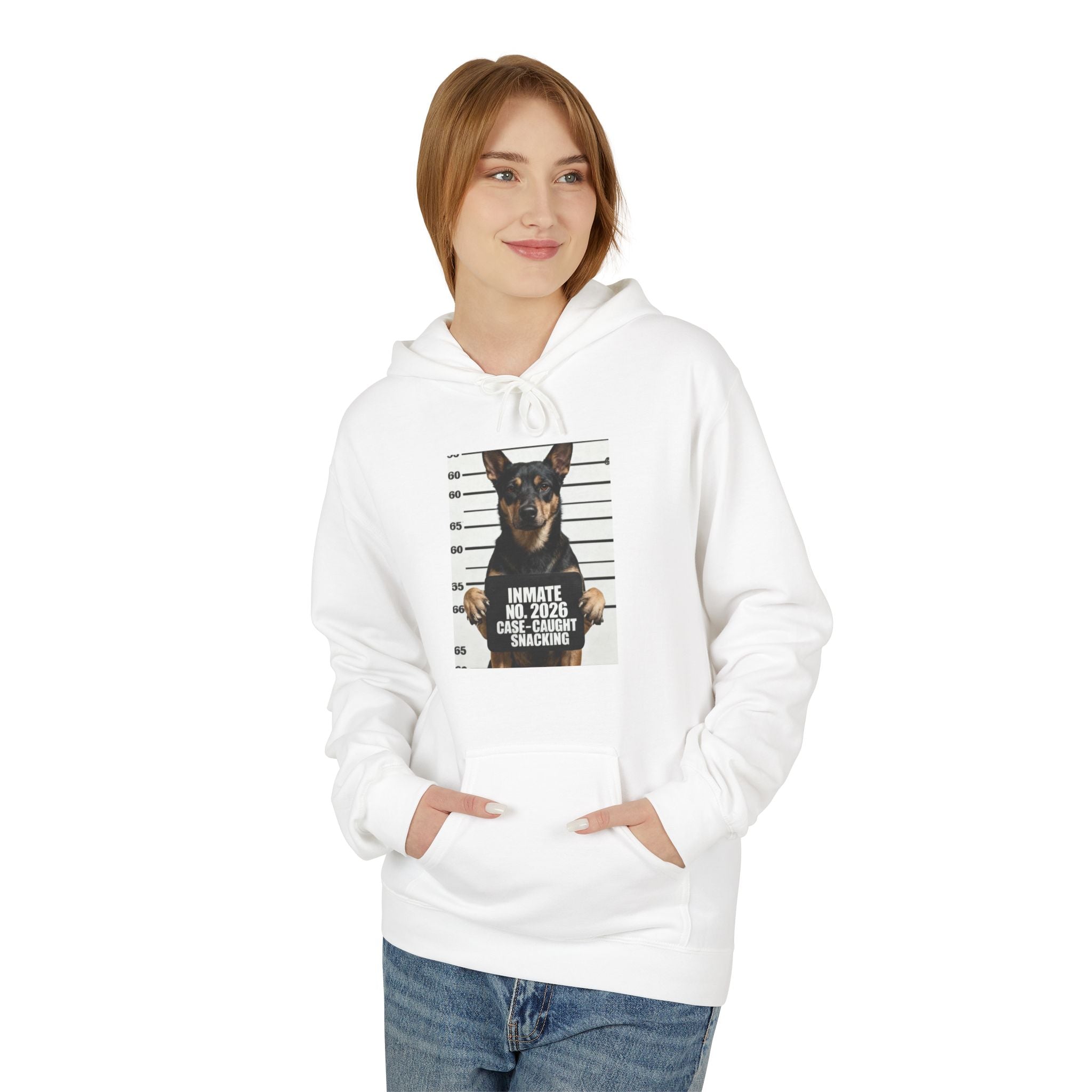 White hoodie with front kangaroo pocket and chest graphic featuring a dog photo